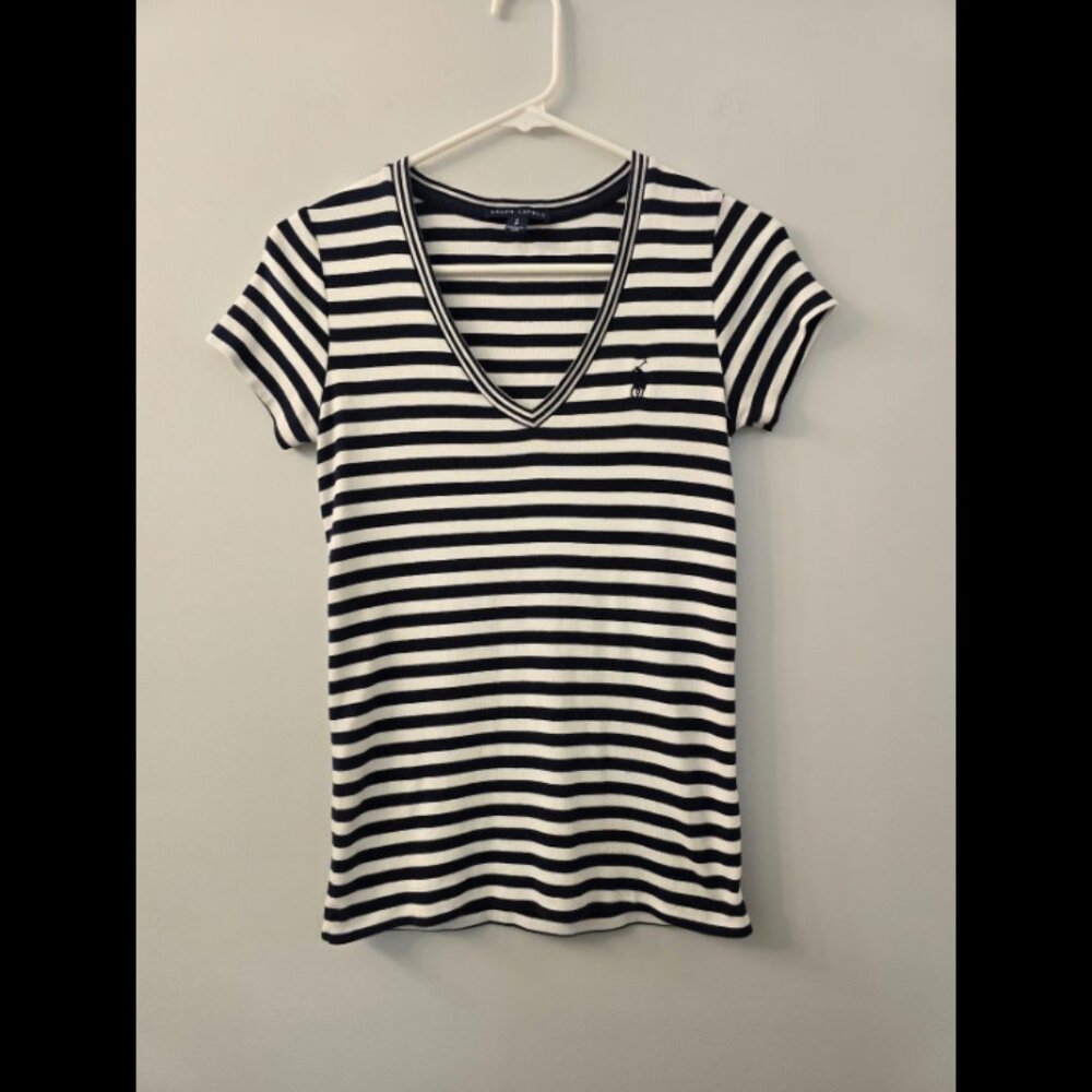 Ralph Lauren Blue and White Striped V-Neck Short Sleeve Shirt - Size Small